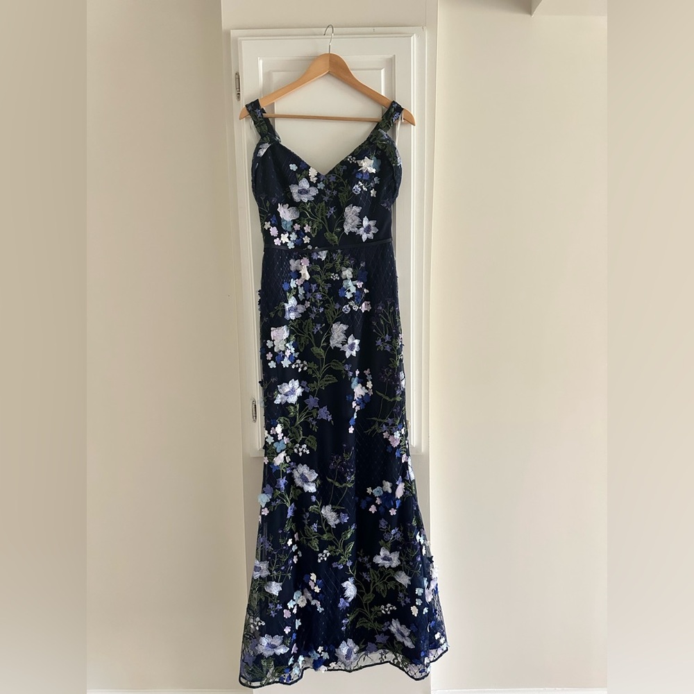 Marchesa Notte Navy Gown w/ Embroidery and Floral Appliqué
